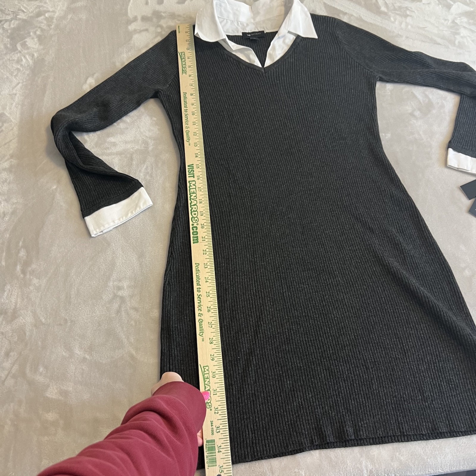 Layered V-Neck Sweater Dress Womens Xl Grey Fitted Ribbed Preppy Old Money Chic — image 6 of 8